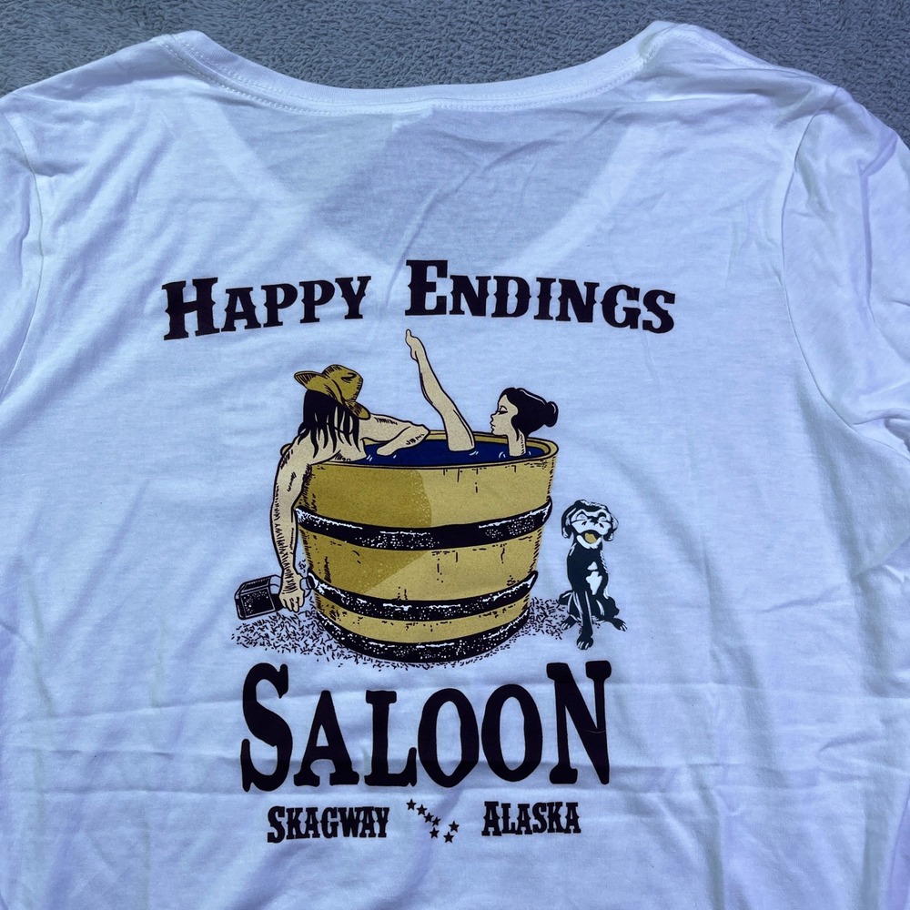 Happy Endings Saloon Skagway Alaska Graphic V Neck T Shirt Mens XL White